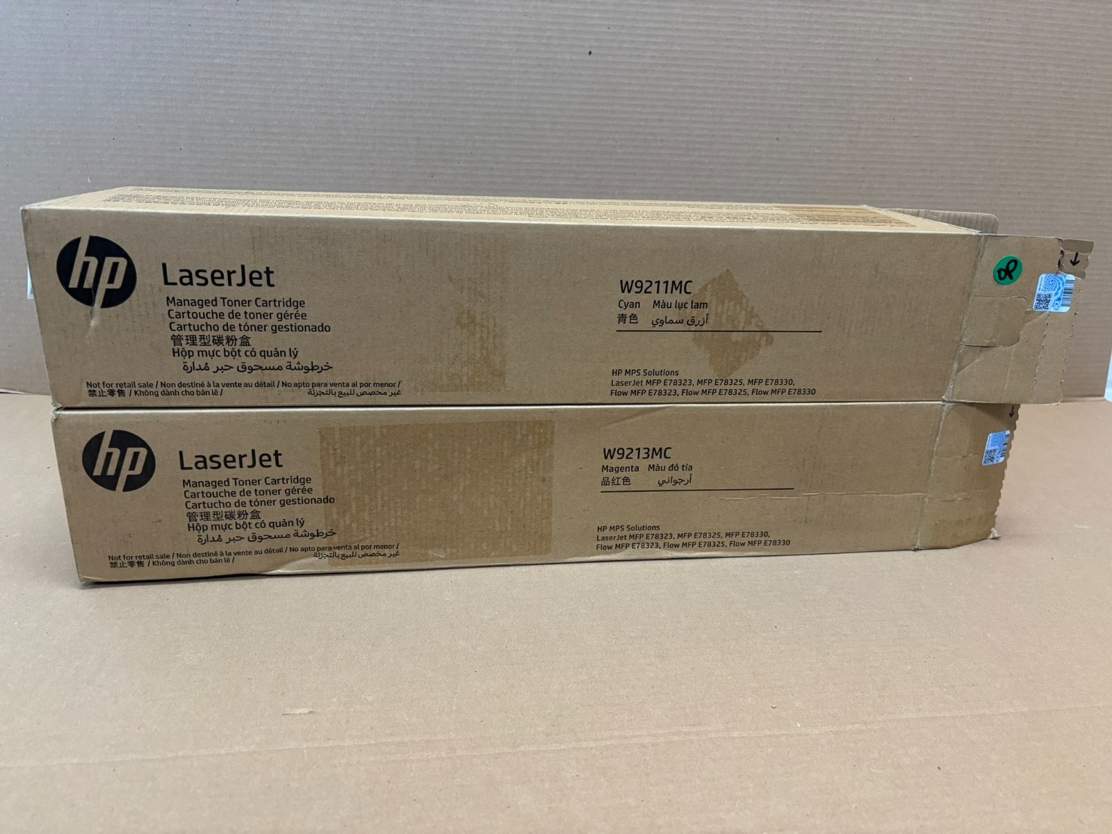 2 Open Genuine HP LJ MFP E78323, E78325 Cyan & Mag Toners W9211MC, W9213MC