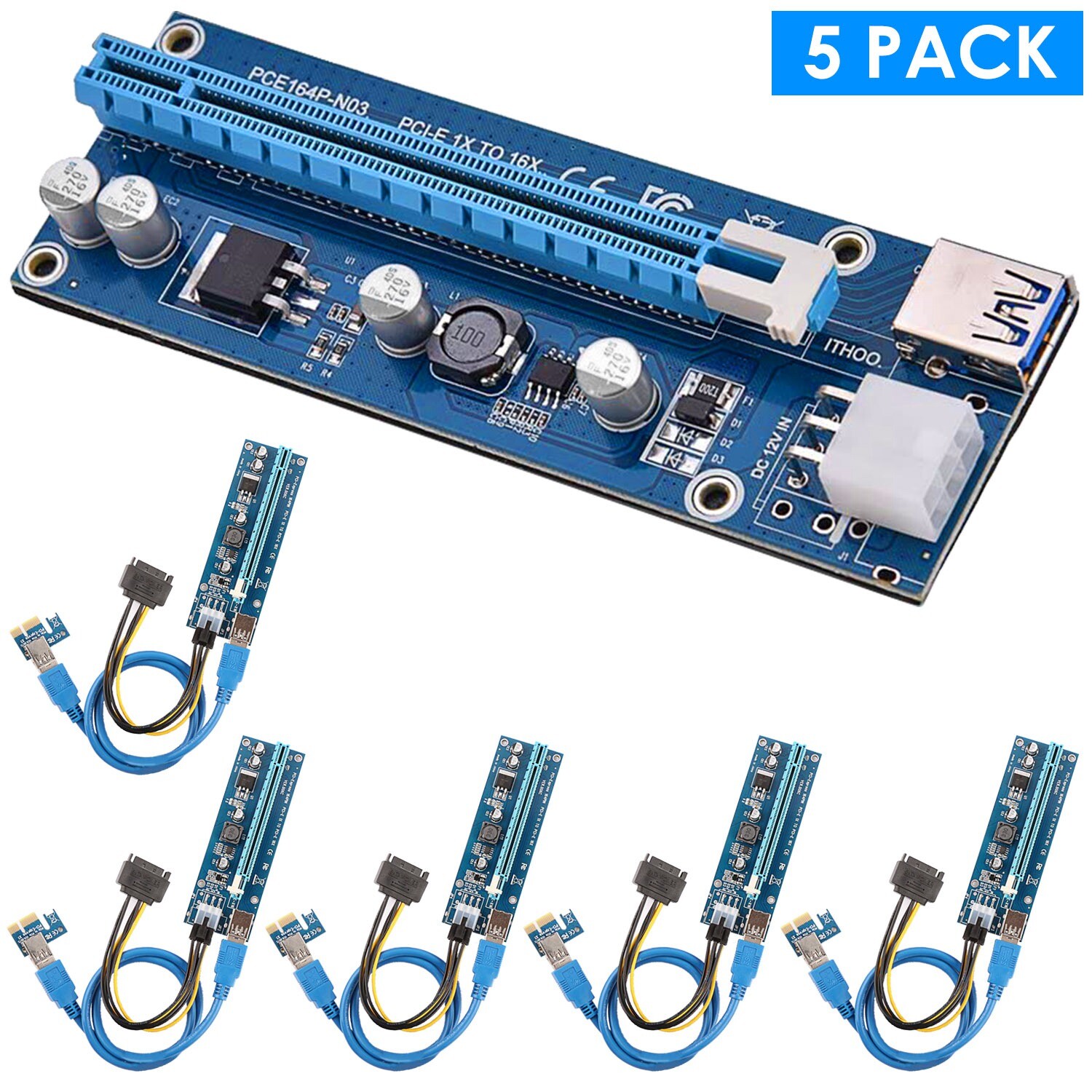 5Pcs USB 3.0 PCI-E PCI Express Risers GPU Mining Powered Riser Adapter Card Tool