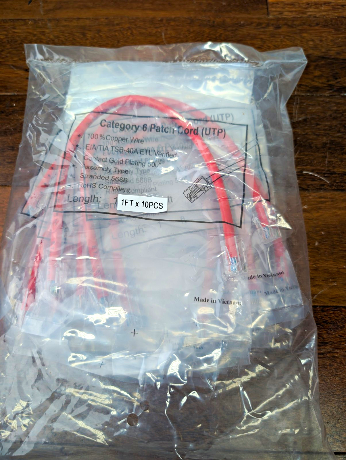 Cat6 UTP RJ45 Ethernet Patch Cable 1 ft Red Gold Plated (10-Pack)