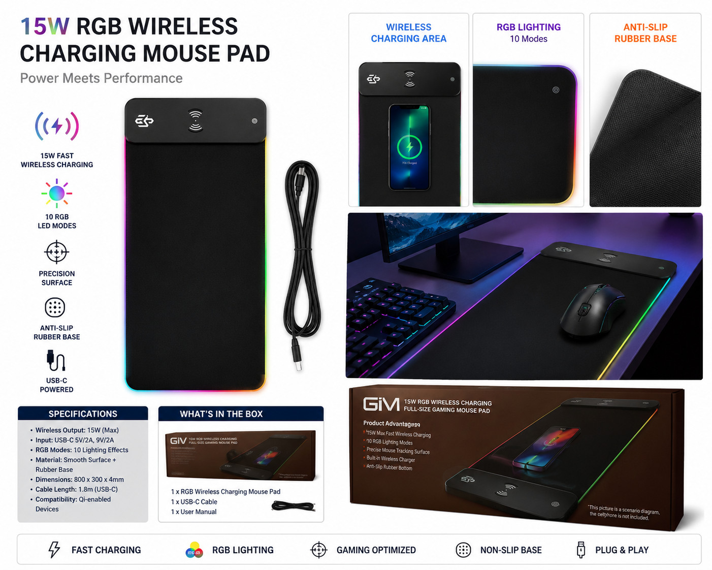 RGB Wireless Charging Gaming Mouse Pad 15W Fast Charge Extra Large 800x300mm