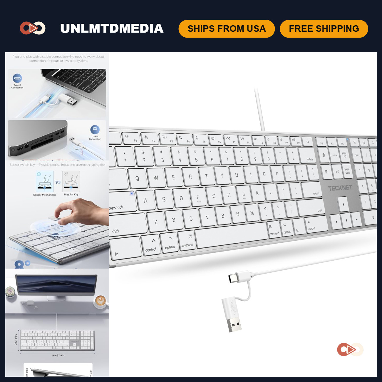 Wired Keyboard for Mac, USB & Type-C Dual Interface, Silent Click, Ergonomic Des