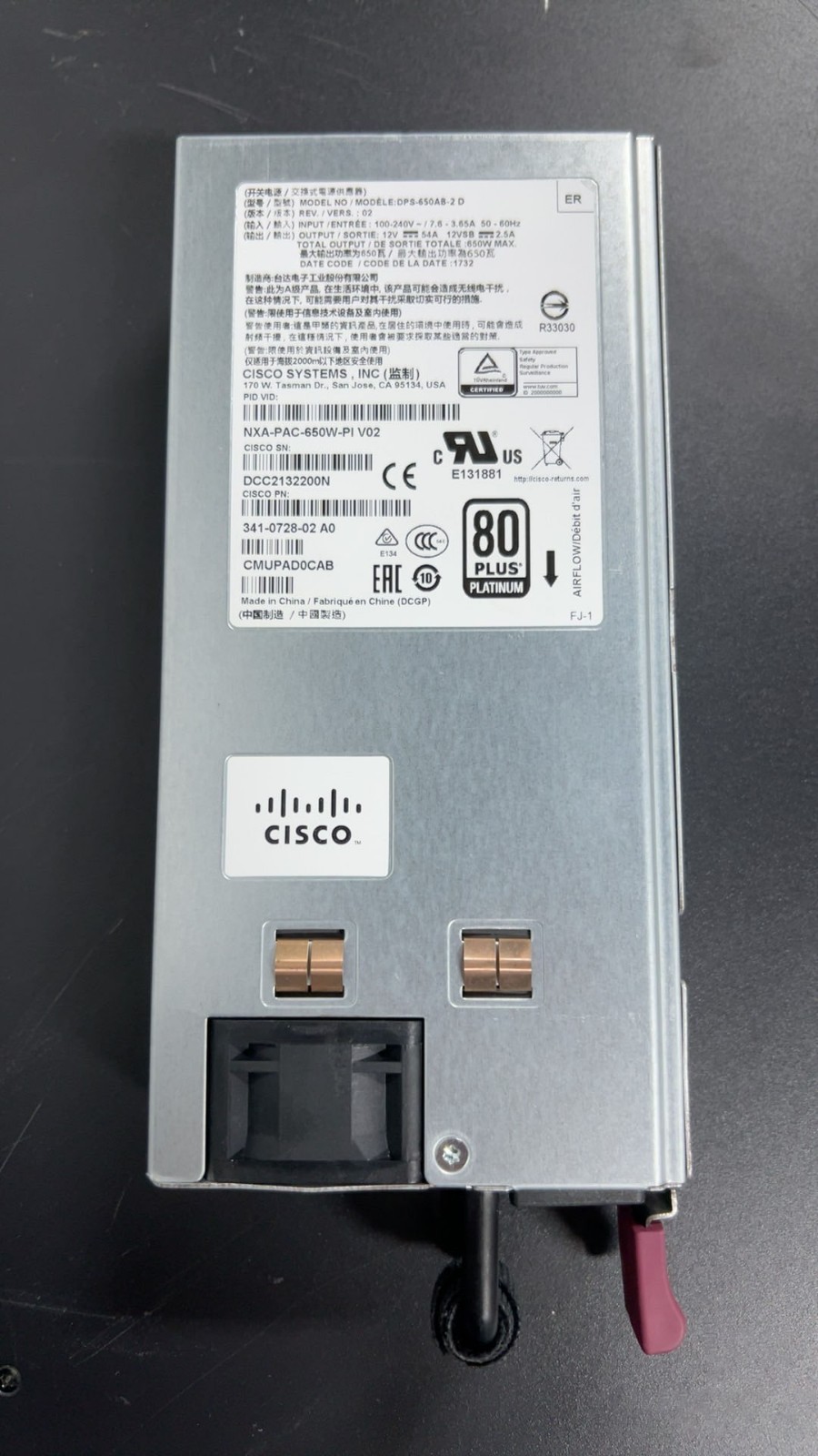 1pc Cisco NXA-PAC-650W-PI 650W AC Port-Side 341-0728-02 Power Supply
