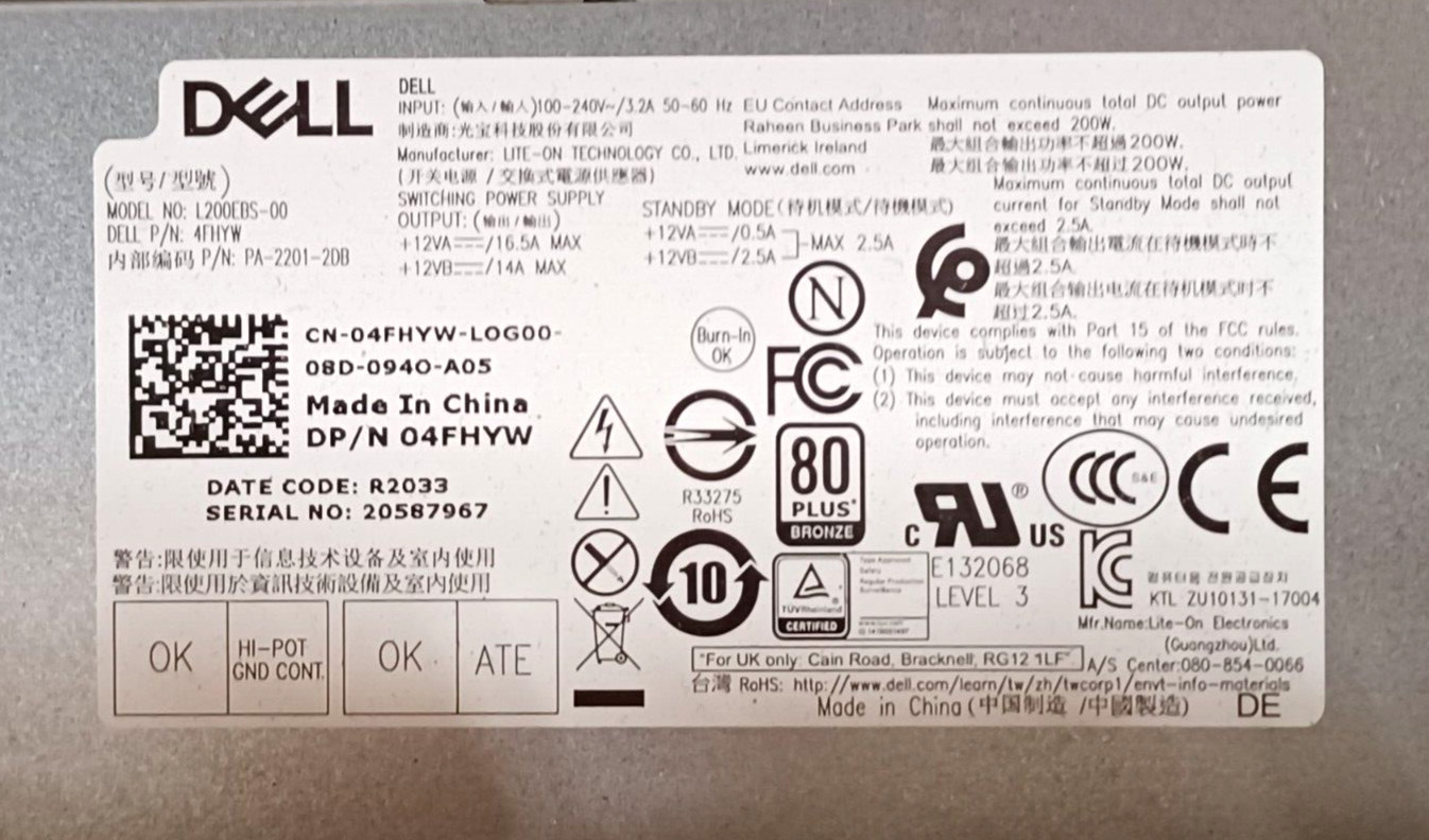 04FHYW DELL Insipron 3880 Model-L200EBS-00 6+4 Pin 200W Power Supply Unit, PSU