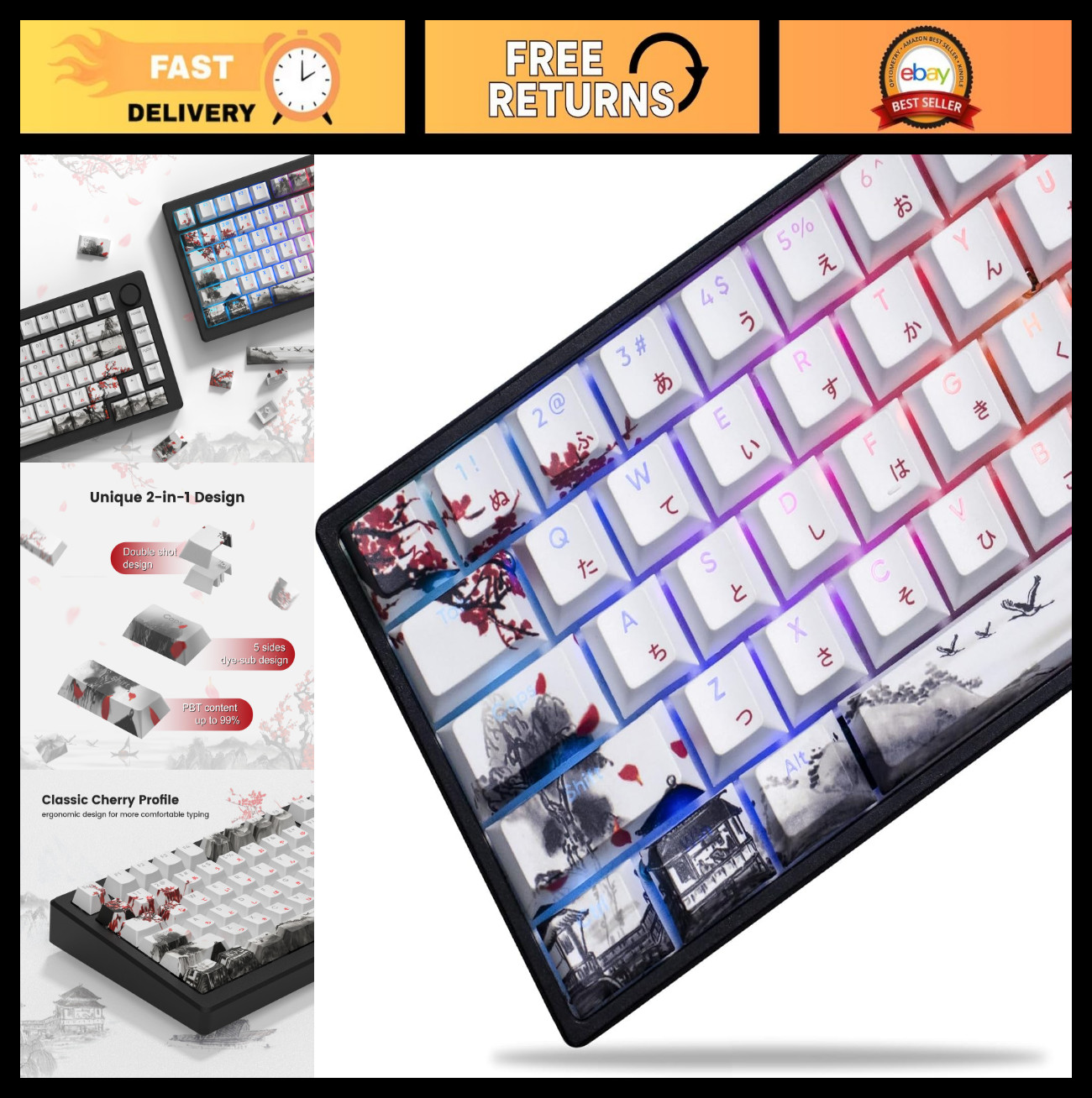 Custom PBT Keycaps Set - 127 Plum Blossom Dye-Sublimation Cherry Profile for MX