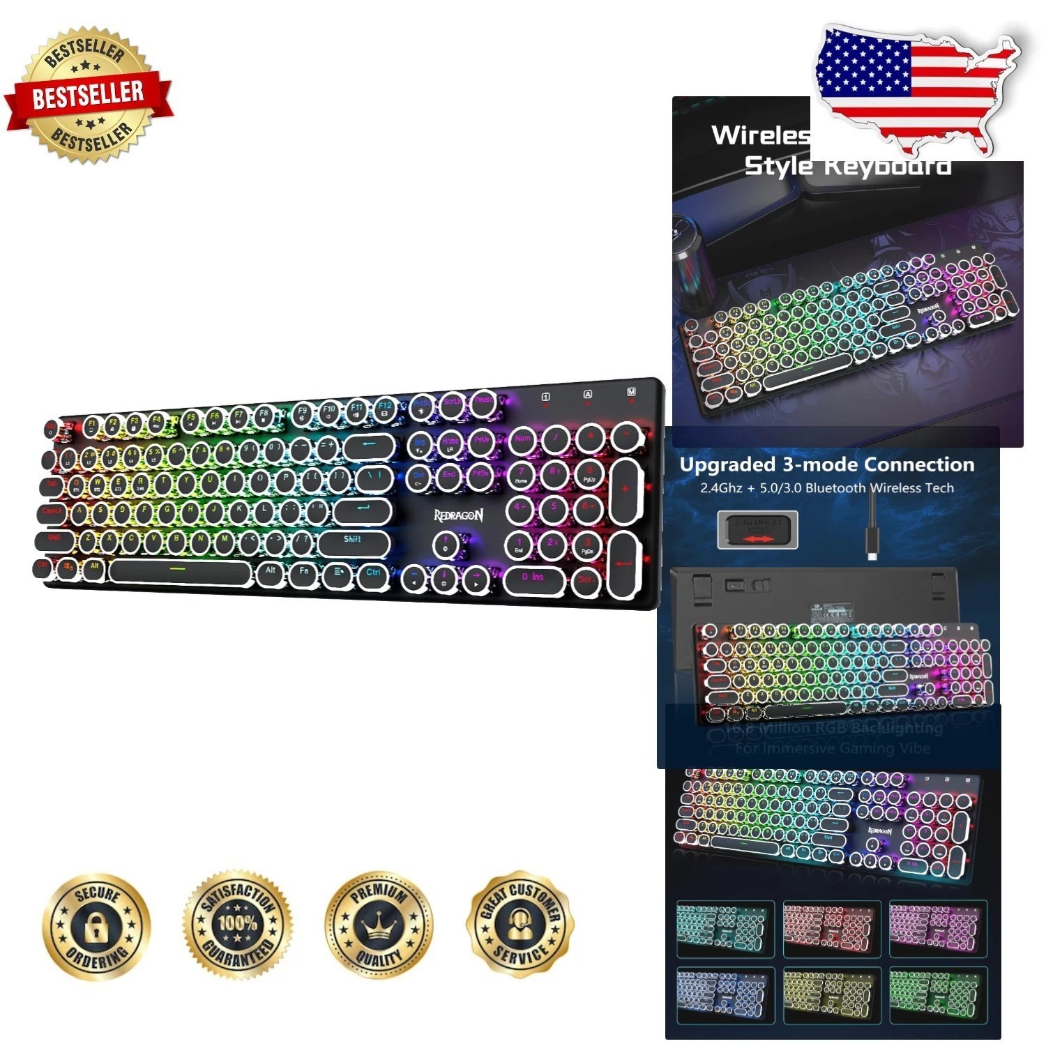 Clicky Blue Mechanical Keyboard, Retro Round Keycaps, RGB Backlit, Metal