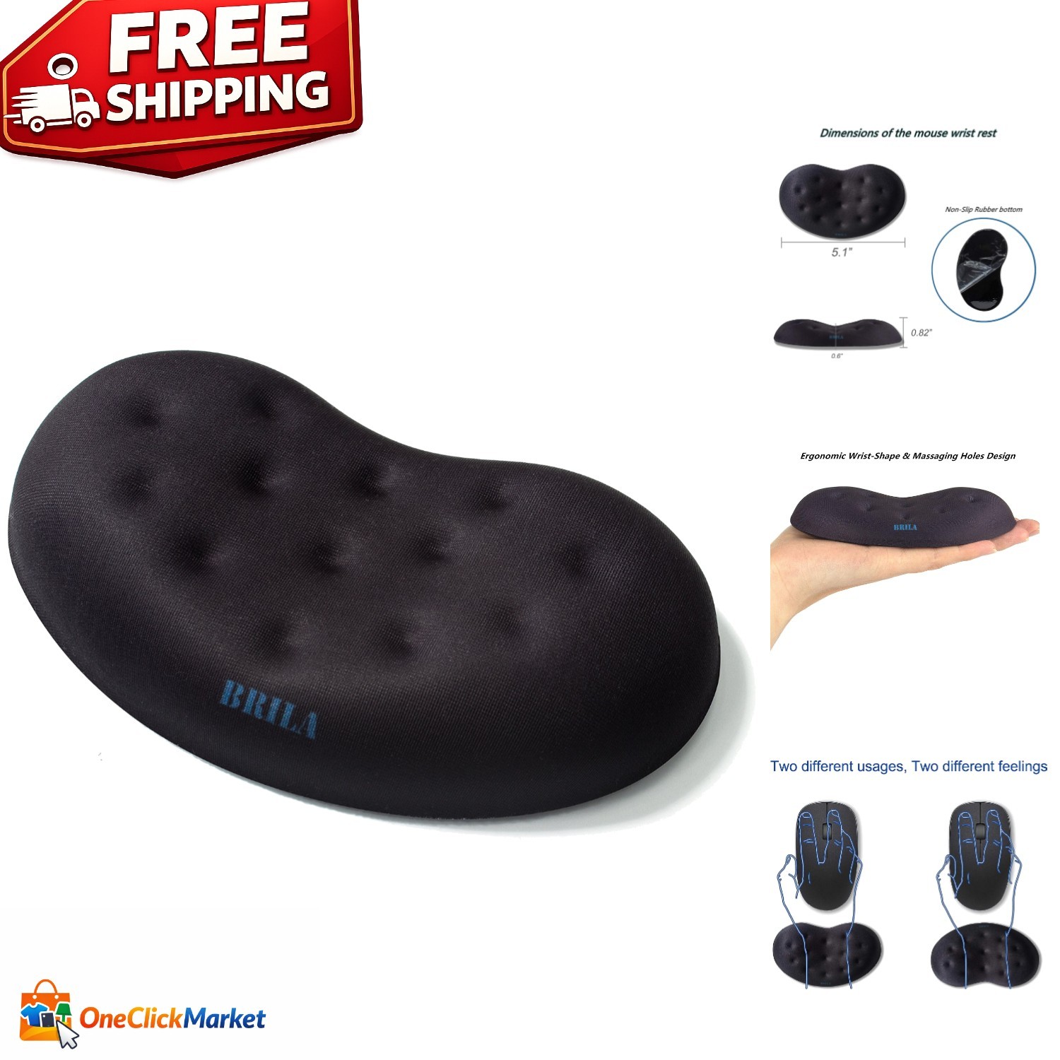 Black Memory Foam Mouse Wrist Rest with Massage Holes for Comfort & Style