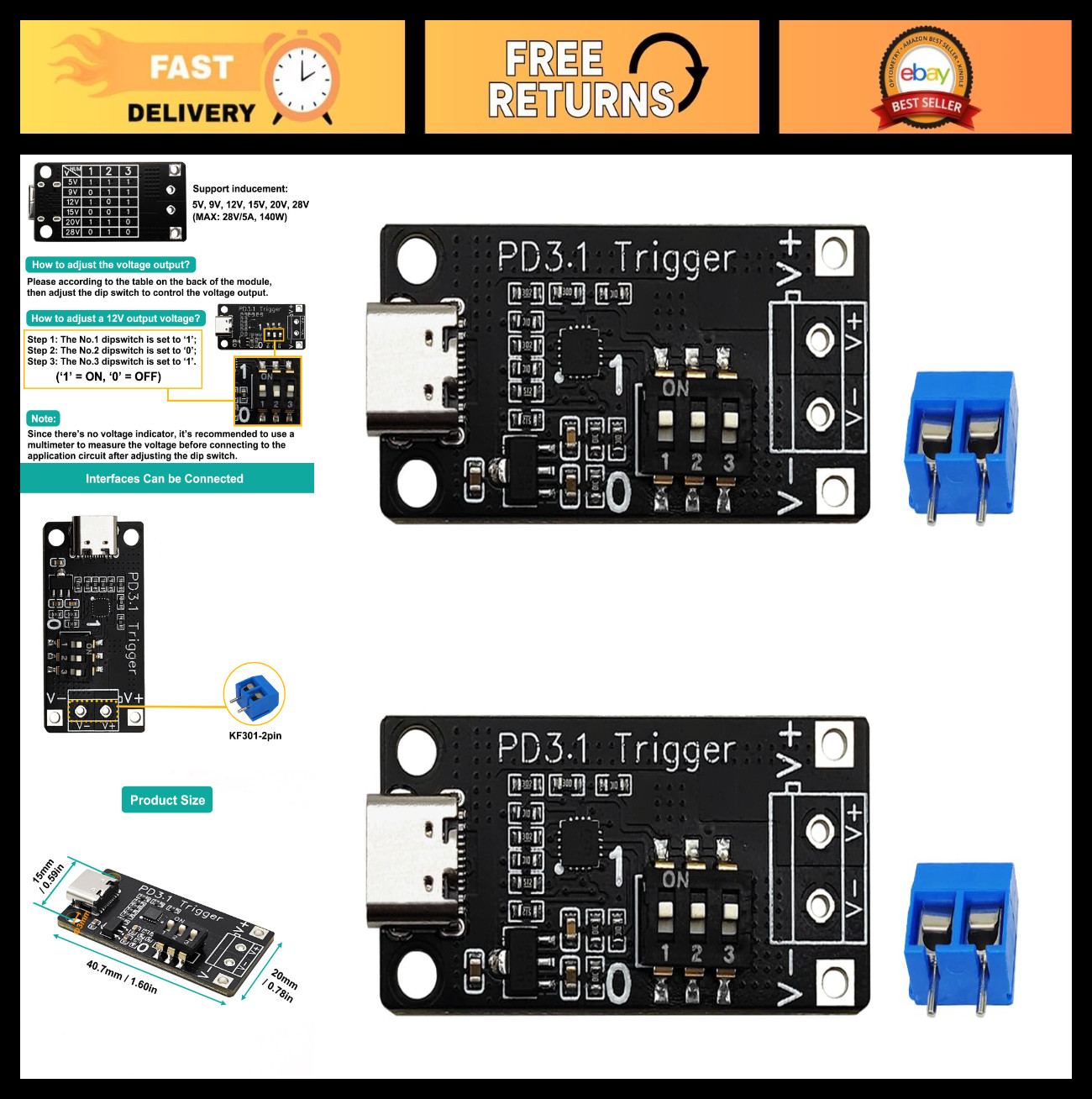 USB-C PD 3.0 QC Trigger Charging Module 5V-28V Adjustable Voltage 2PCS Fast Char
