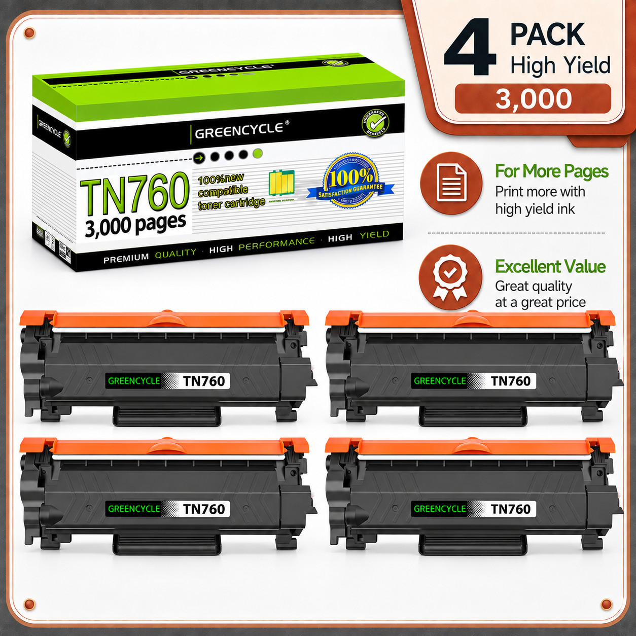 GREENCYCLE 4 Pack TN760 Toner Cartridge for Brother MFC-L2710DW HL-L2370DW