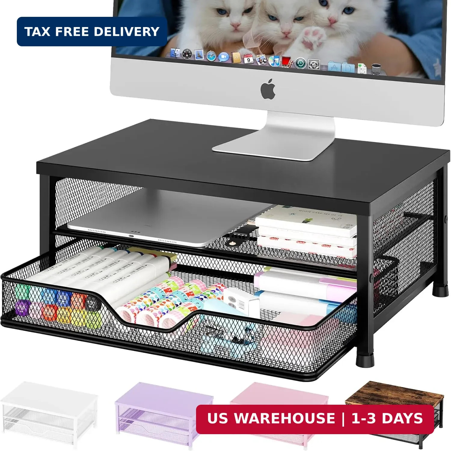 Computer Monitor Stand Riser, Desk Organizer with Drawer, Printer & Laptop Stand