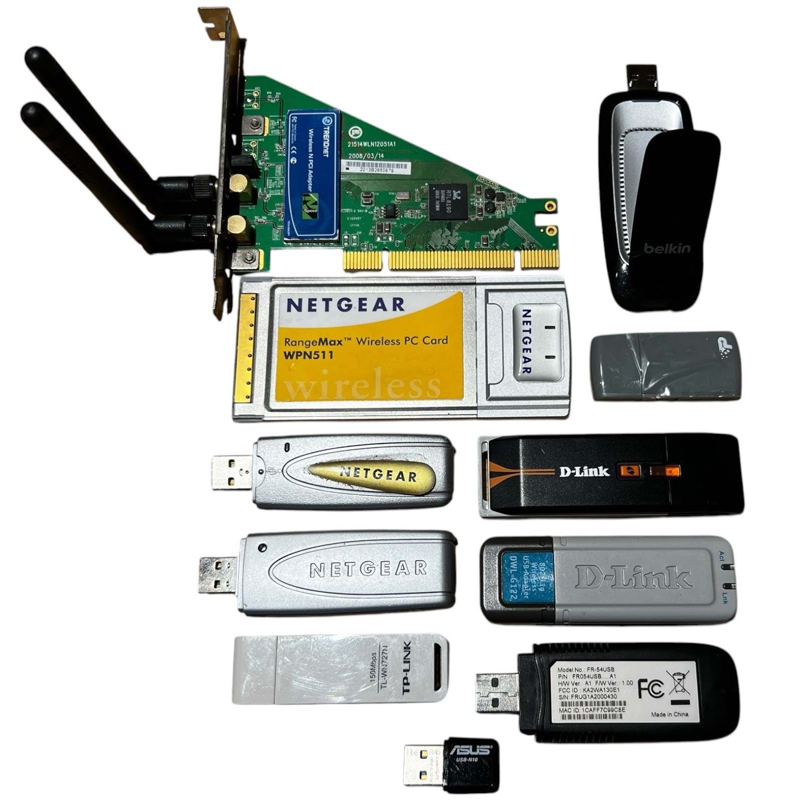 Lot of 11 Vintage WiFi Adapters USB PCI PCMCIA Netgear D-Link ASUS Untested