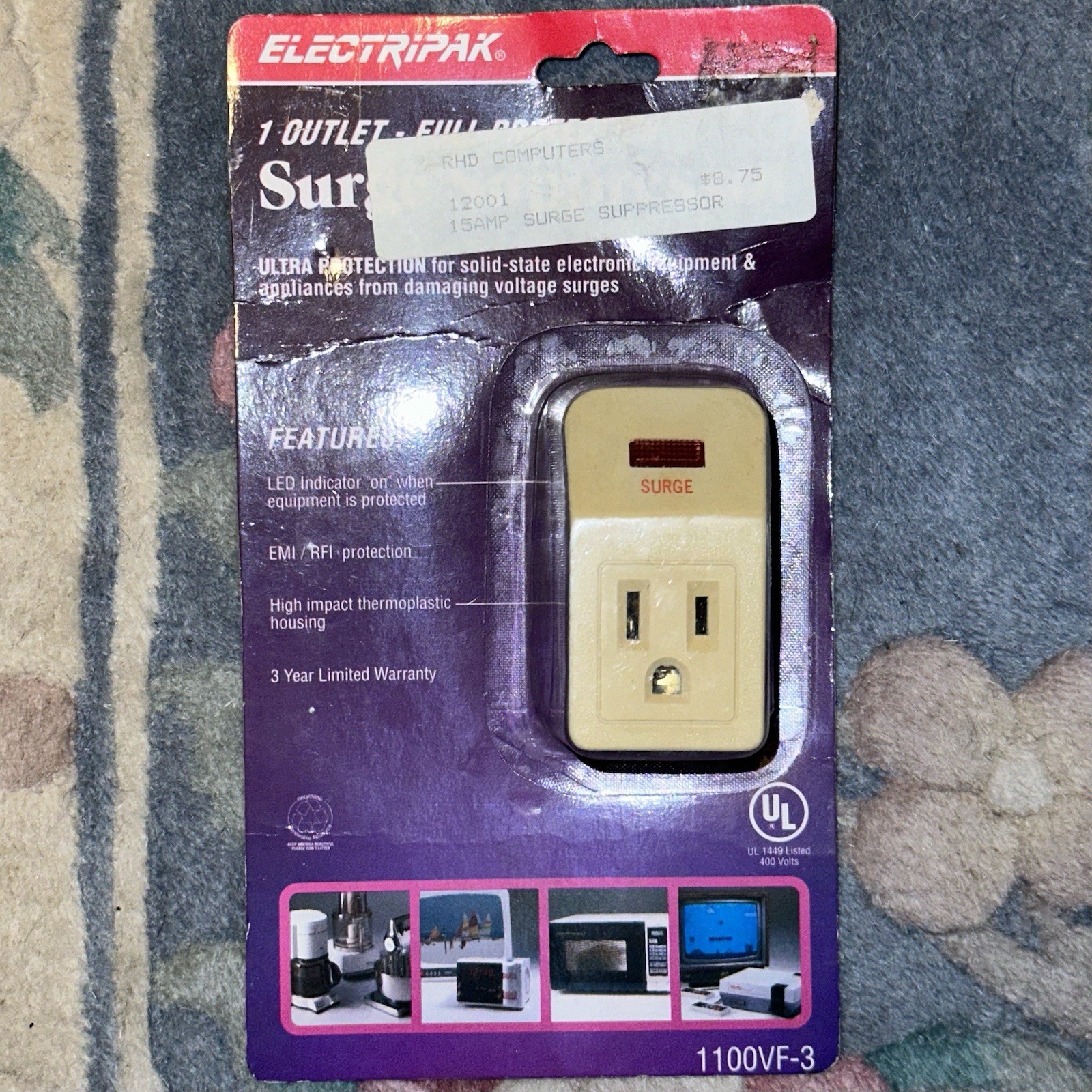 Electripak 1100VF-3 15 Amp Surge Protector 1 Outlet Vintage 1990s NOS