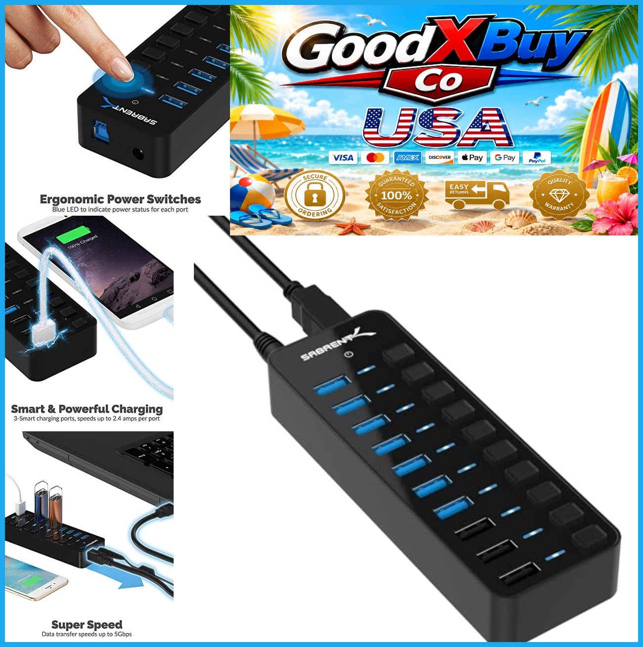 10 Port Powered USB 3.0 Hub 60W Charging Ports 5Gbps Data Transfer Speed