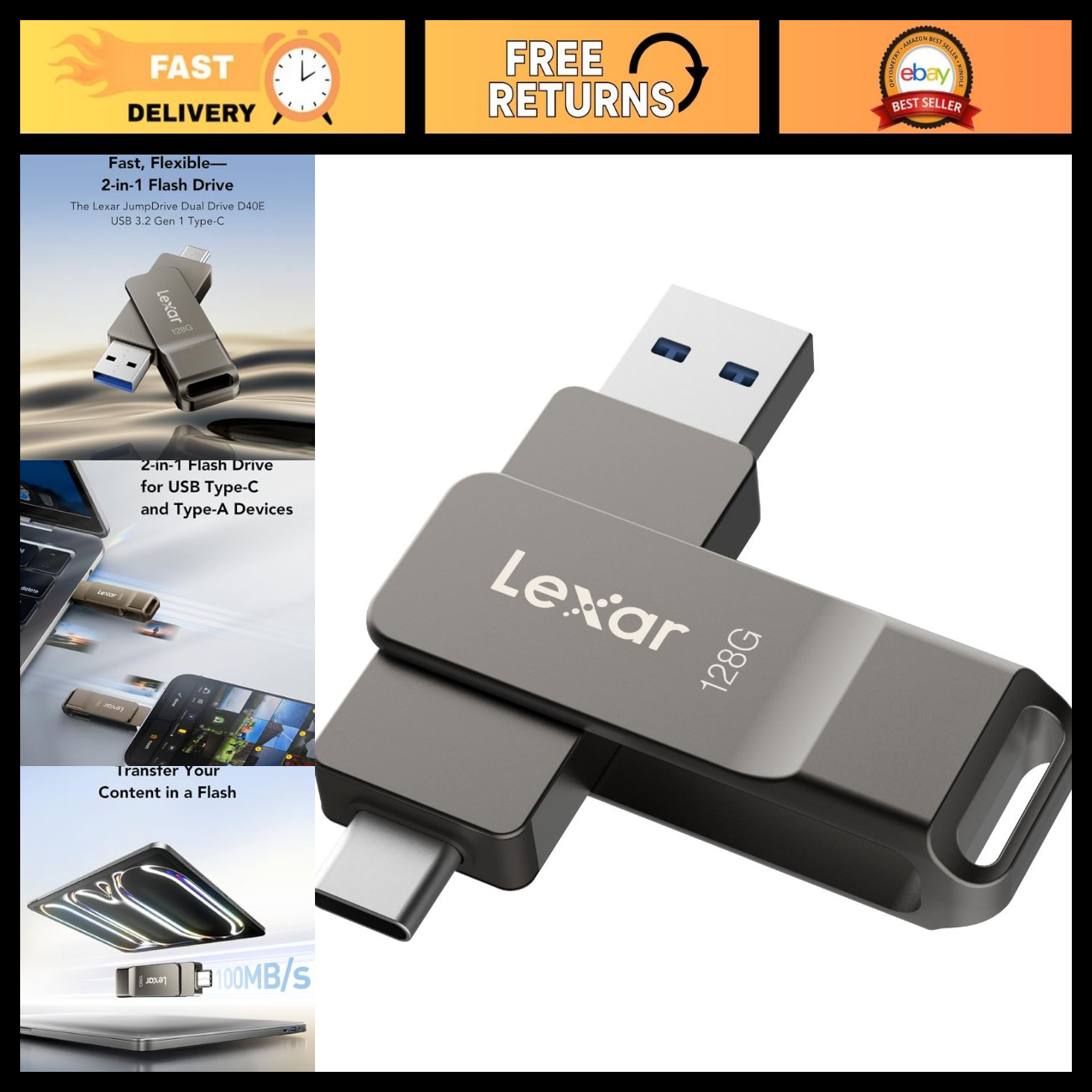 128GB Dual USB 3.2 Gen 1 Type-C Flash Drive, High-Speed Portable Storage, Titani