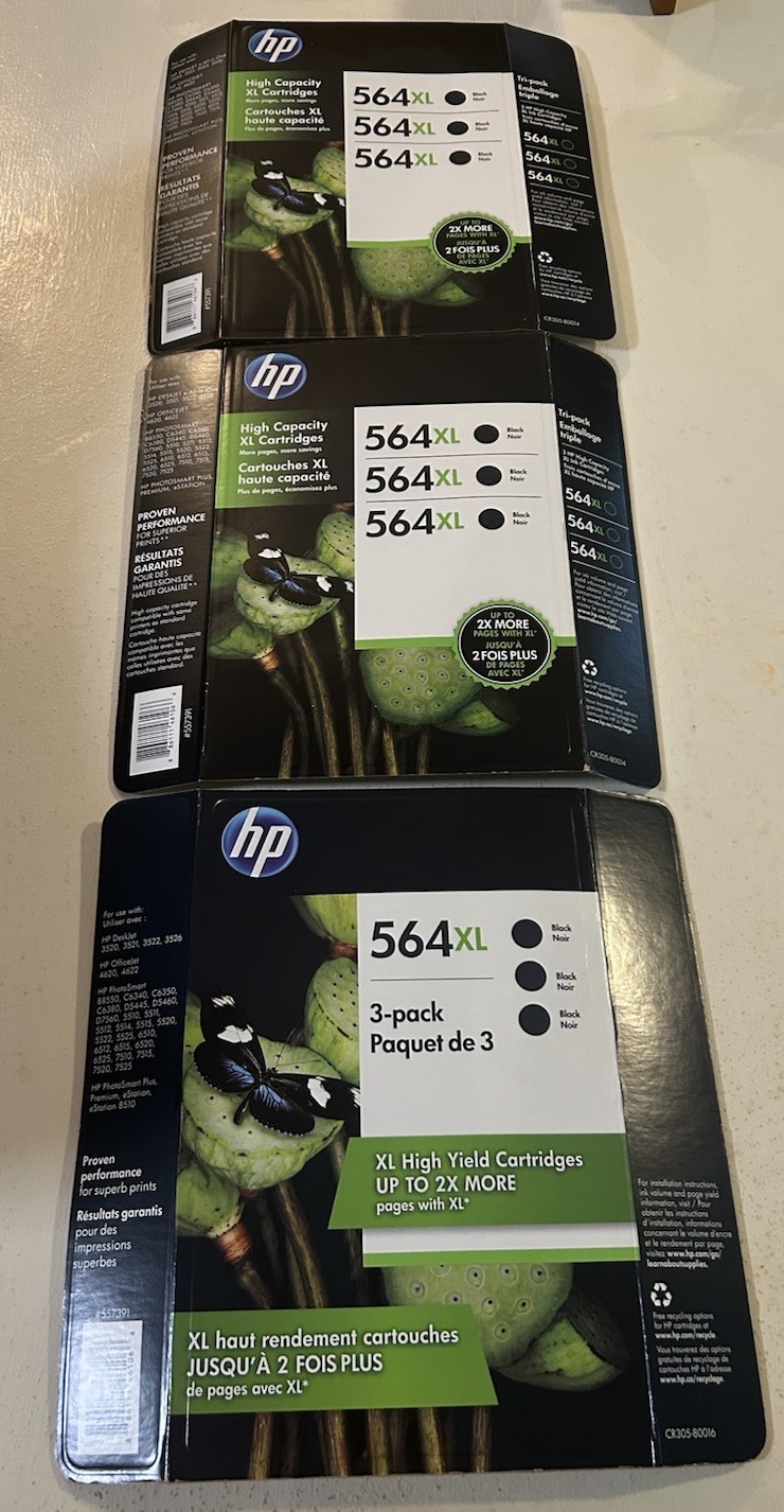 3 Genuine HP 564XL Black Ink Cartridge 3 Packs New Sealed Exp 2016-2019