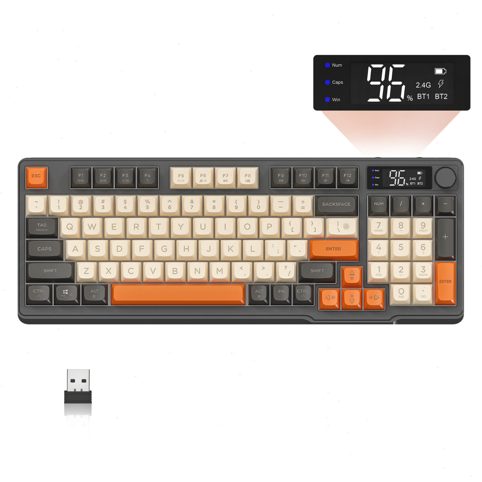 FREEWOLF M96 PBT Wireless Membrane Gaming Keyboard Scient Keys with Knob Rainbow