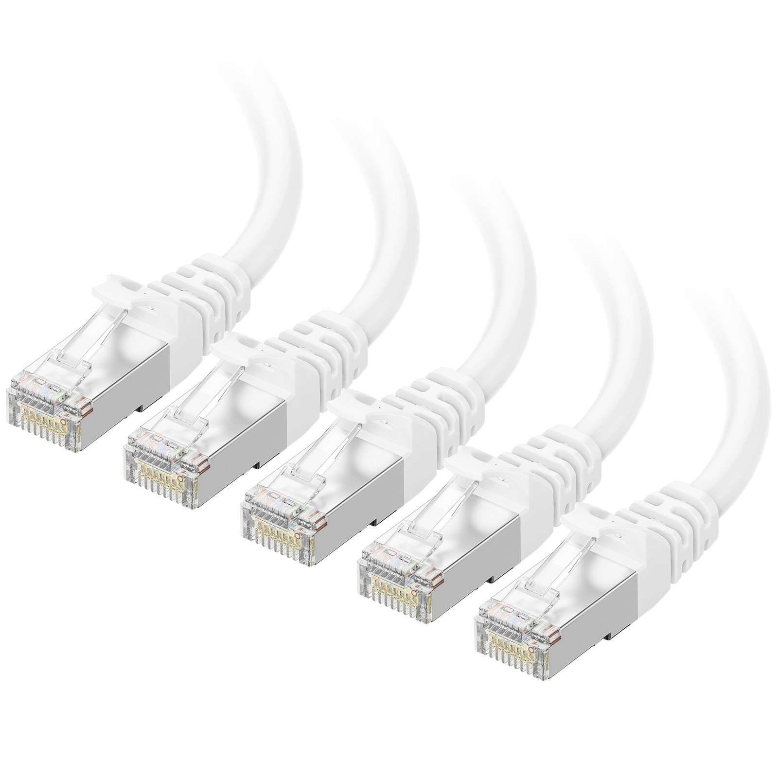 Cable Matters 10Gbps 5-Pack Snagless Shielded Cat 6A Cable, 1Ft, White | S/FTP