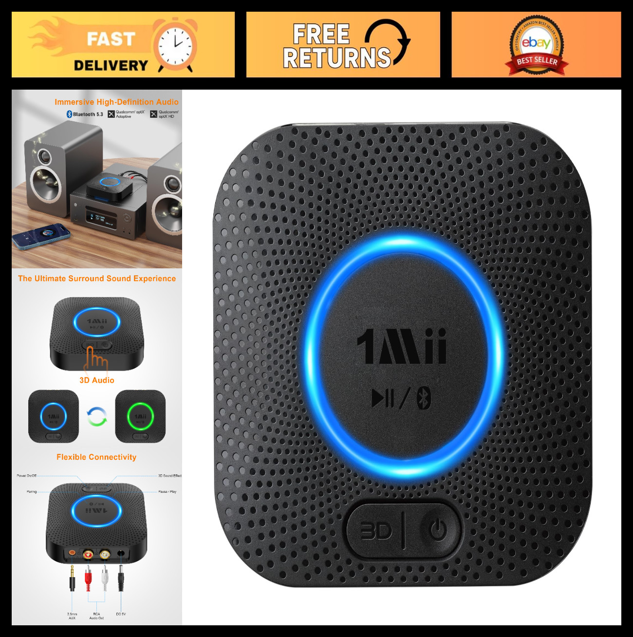 Hi-Fi Bluetooth 5.3 Receiver, Wireless Audio Adapter with 3D Surround aptX HD, M