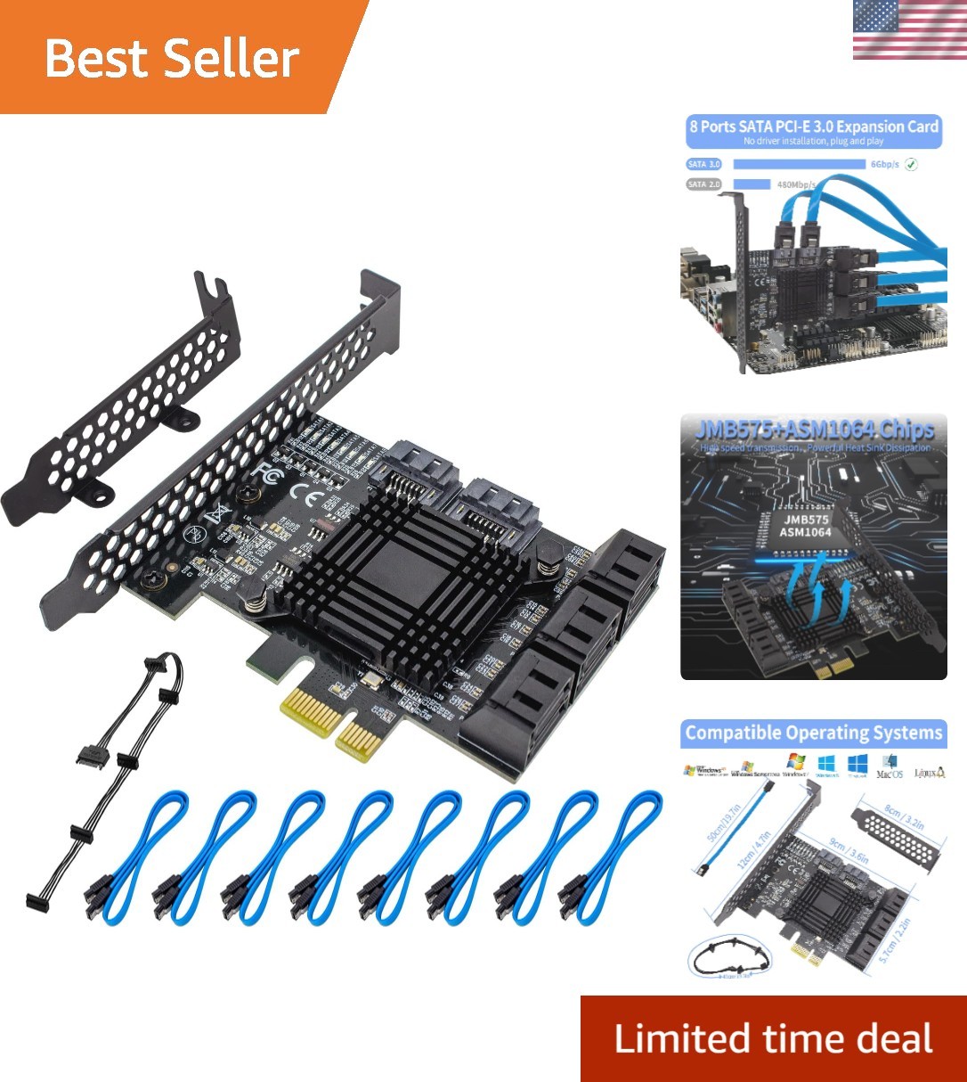 PCIe 8-Port SATA Controller Card 6 Gbps, Compatible with Windows, MAC, Linux ...
