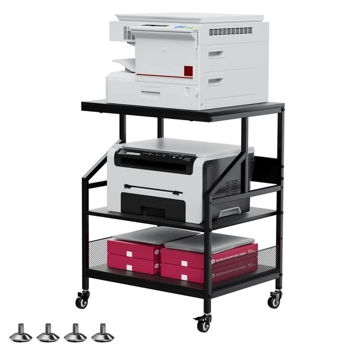 3-Tier Large Printer Stand with Storage Shelves, Black