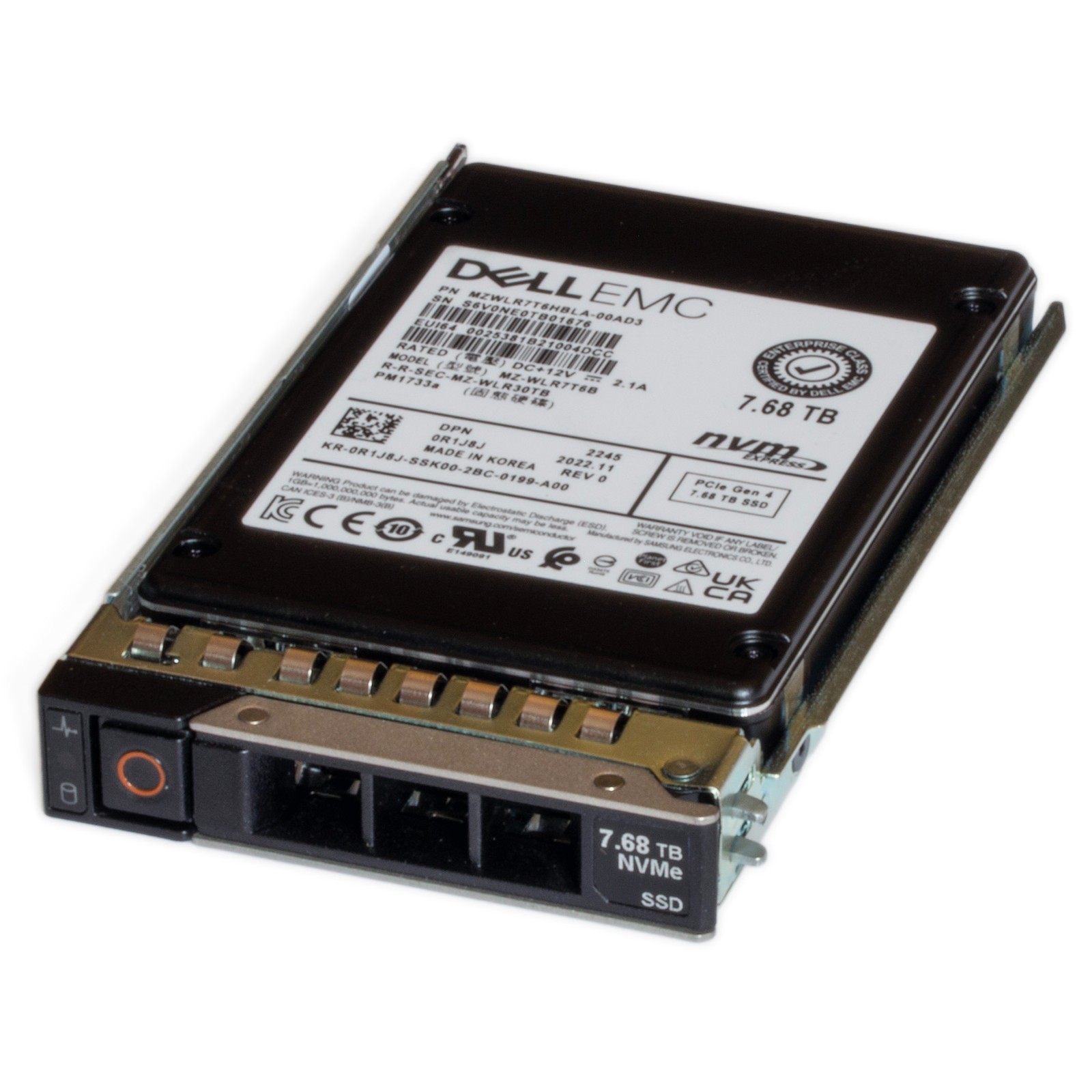 LOT of 25 Dell 14/15/16G PM1733a 7.68TB 2.5" PCIe 4.0 Gen4 U.2 SSD R1J8J H=100%
