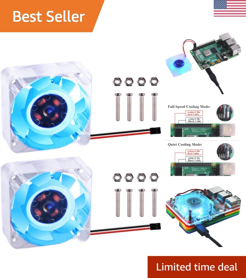 2pcs 40x40mm Quiet Cooling Fans for Raspberry Pi 4B/3B - Low Noise & High Flow