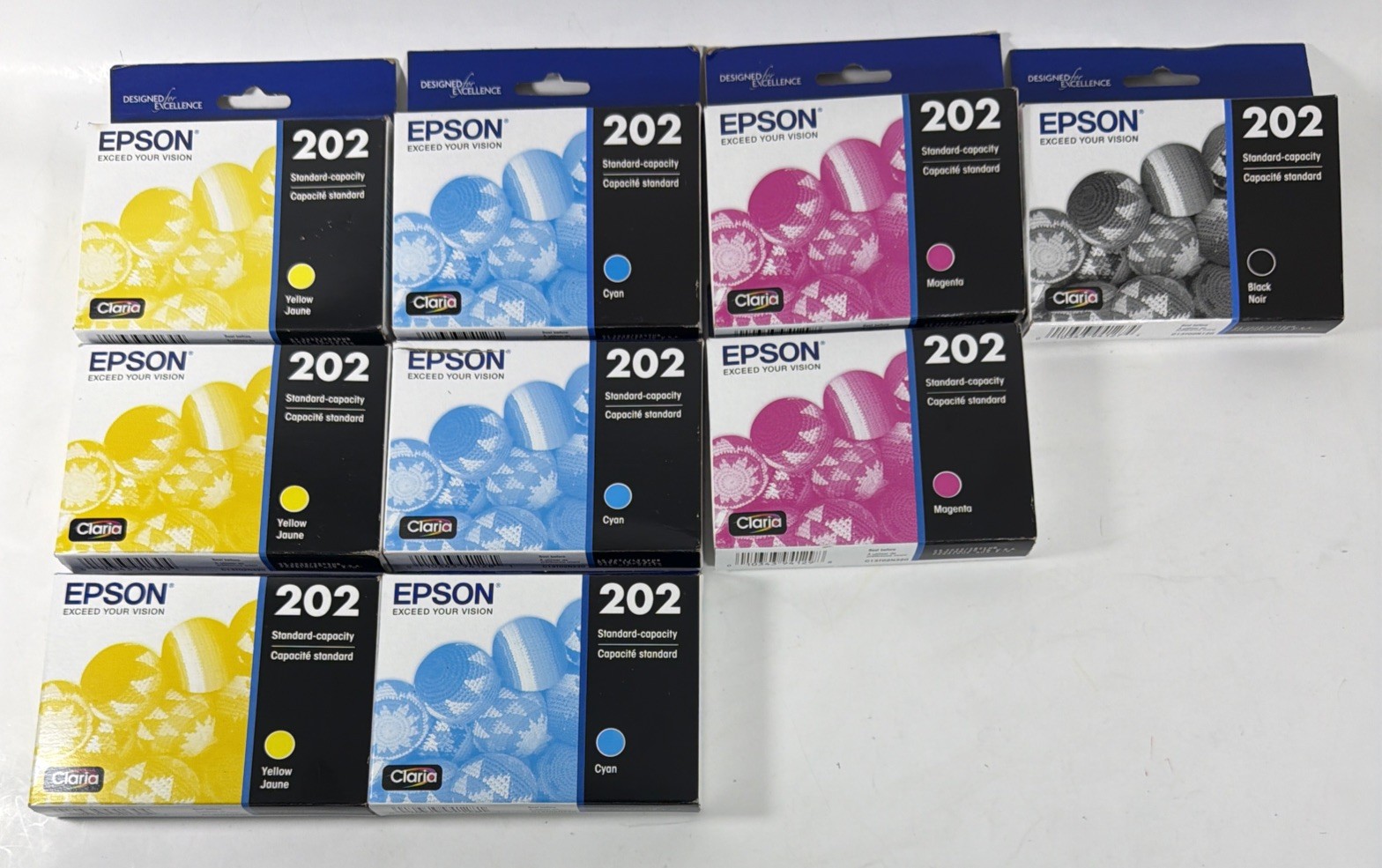 Lot of 9 Epson 202 Inks - 3x Yellow 3x Cyan 2x Magenta 1x Black Exp 2024 To 2026