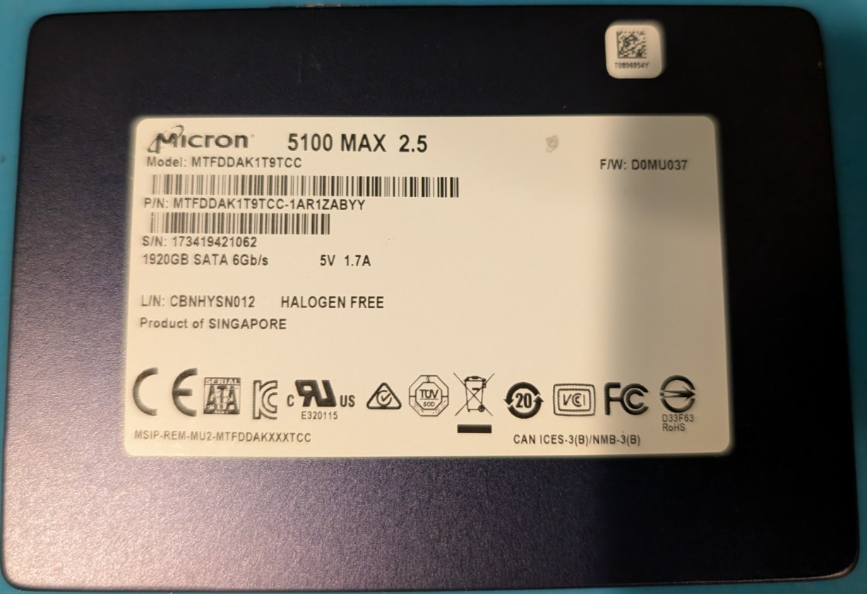 Micron 5100 Max 1.92TB SATA 3 6Gb/s 2.5" SSD HPE MTFDDAK1T9TCC - 99-100% Health
