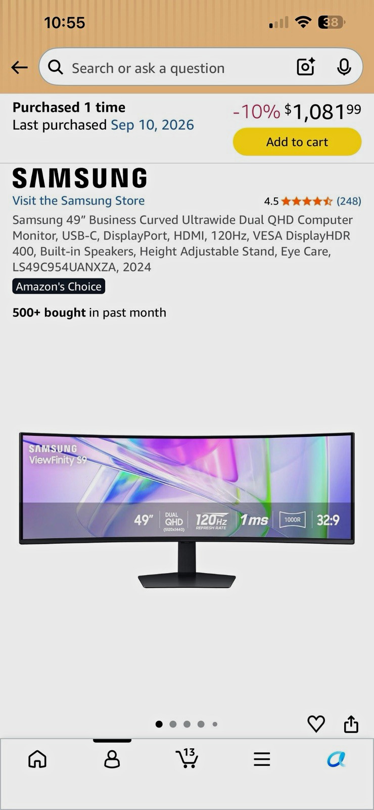 Samsung ViewFinity S9 49" Curved 32:9 5120x1440 120Hz 1ms USB-C DP HDMI