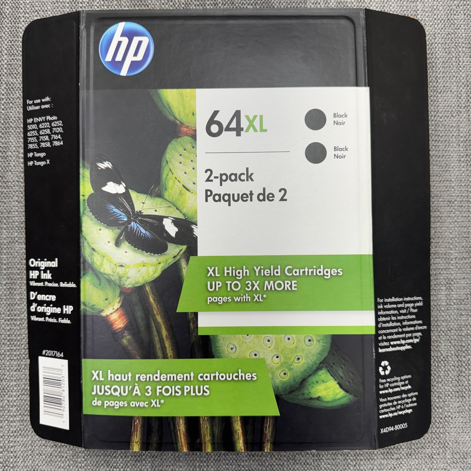 HP 64XL High Yield Black Original Ink Cartridges 2-Pack X4D94BN Sealed