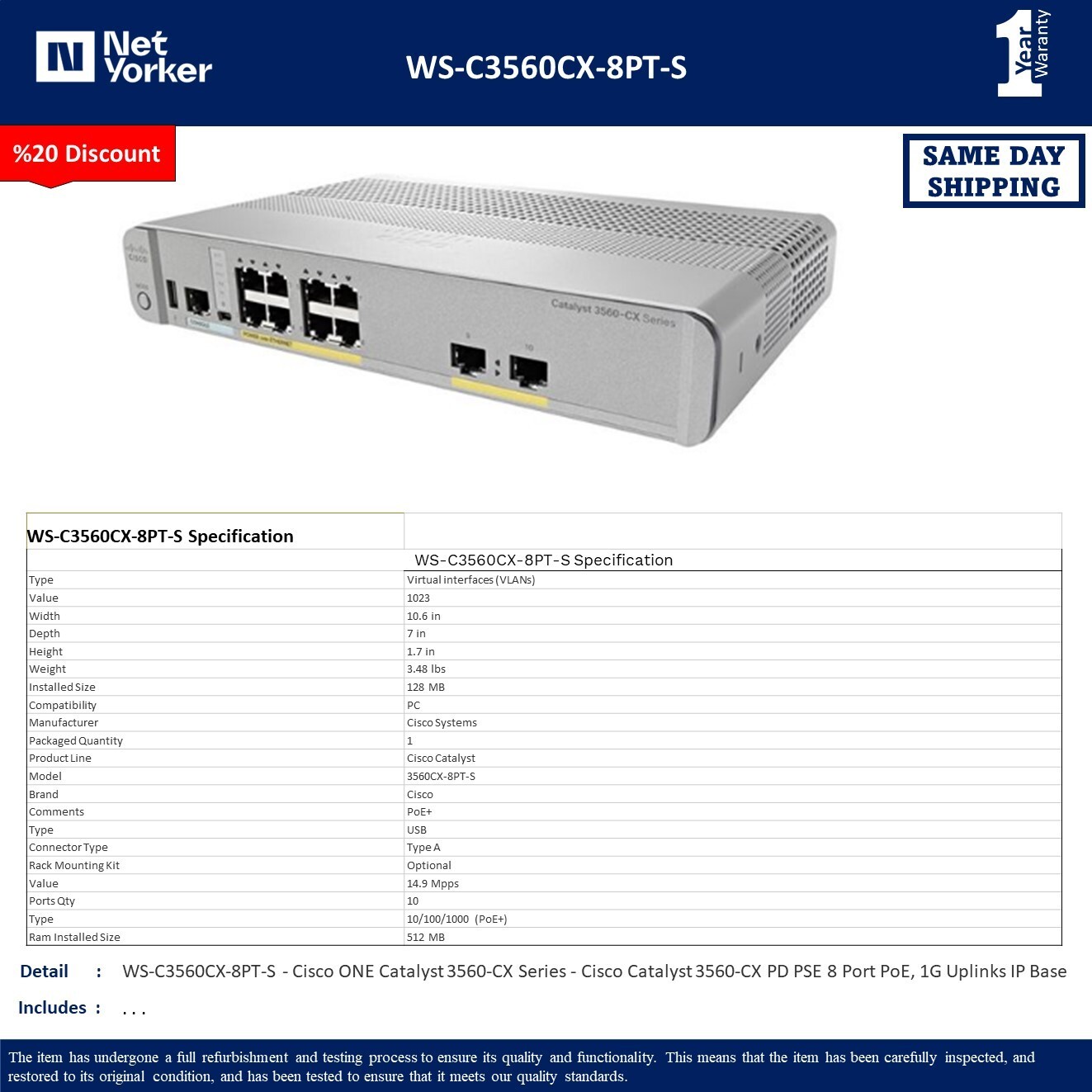 Cisco Catalyst WS-C3560CX-8PT-S 3560CX Series 8 Ge Poe+ Ip Base Switch-Fast Ship