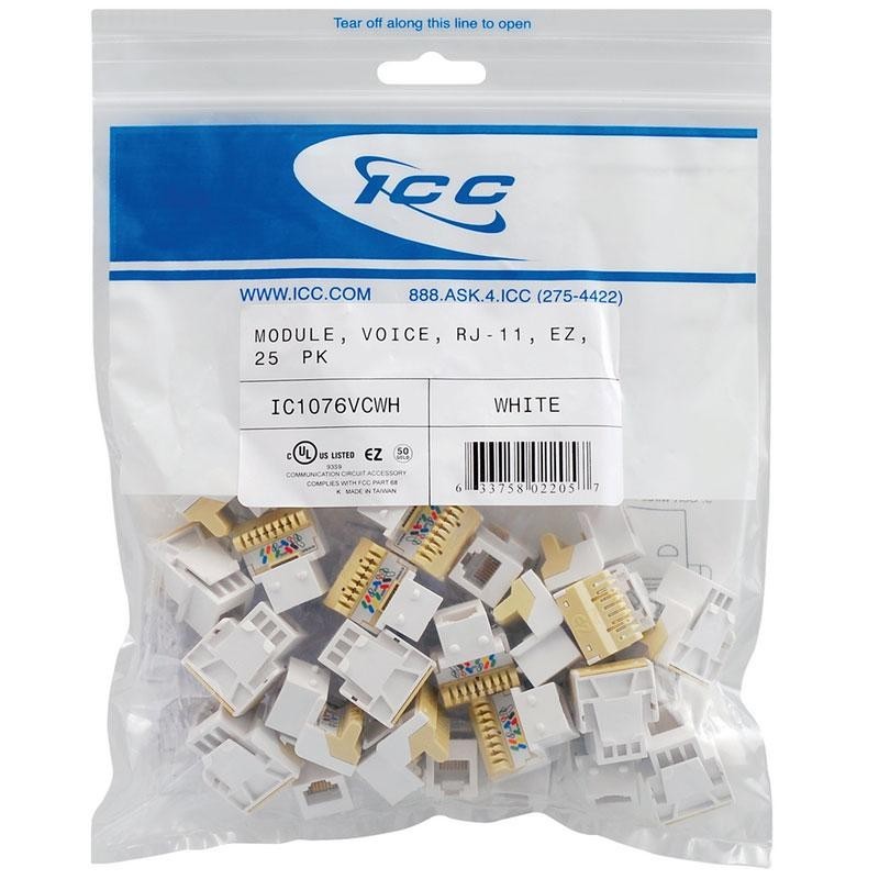 ICC IC1076VCWH RJ-11 Voice EZ Keystone Jack White 25-Pack New Sealed 