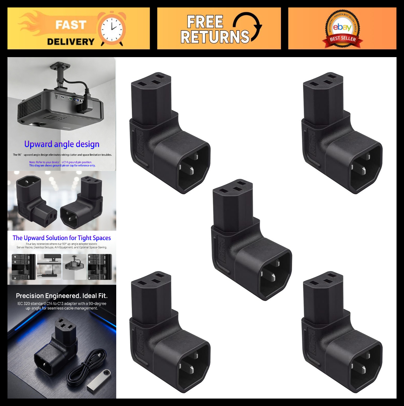 5 PCS IEC320 C14 Male to C13 Female 90° Power Adapter, Right Angle Plug, 15A 250