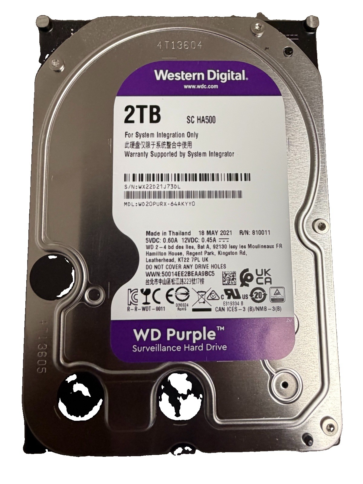 Western Digital Purple 2TB 3.5" SATA 5400RPM Surveillance Hard Drive WD20PURX