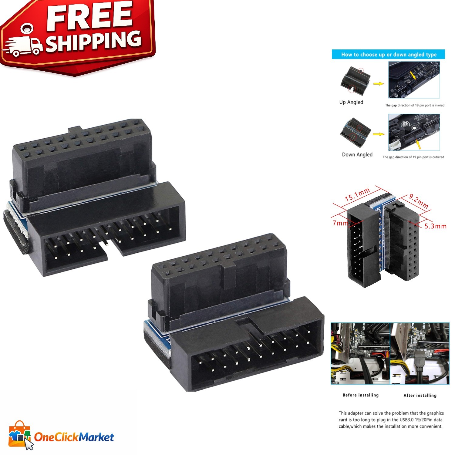 Versatile 90° USB 3.0 20 Pin Male to Female Adapter - 2PCS for Easy Installation