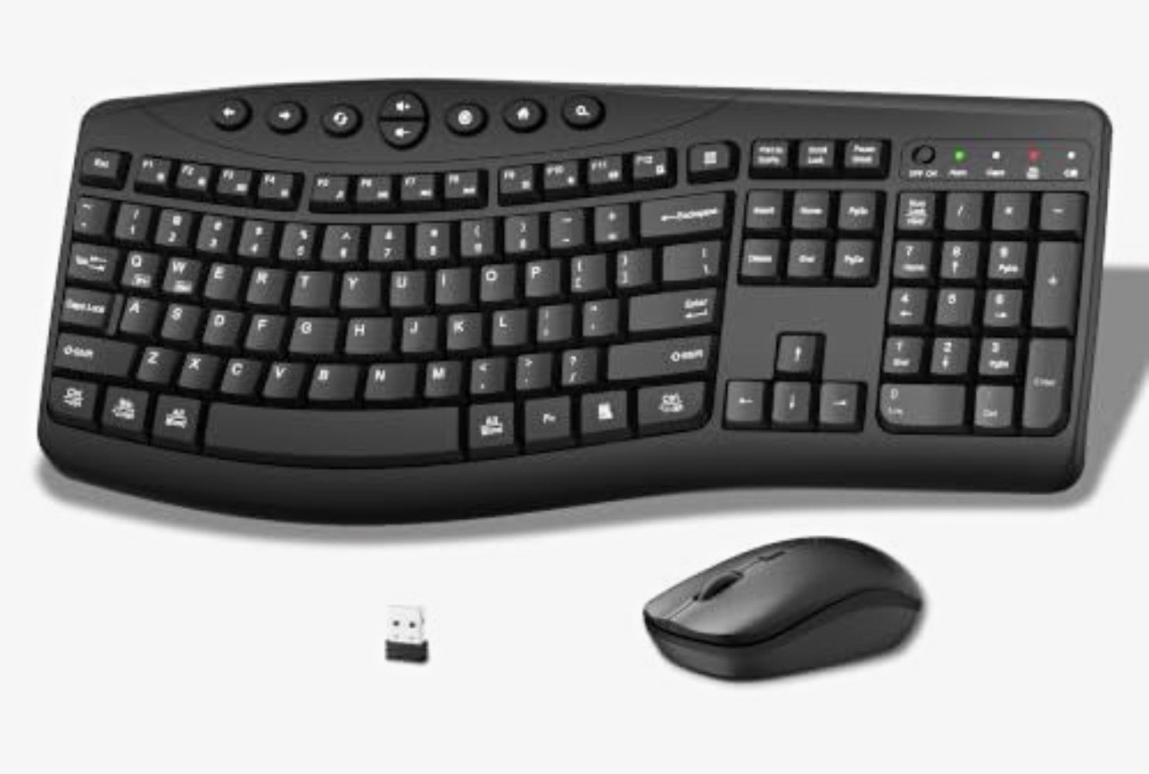 Wireless 2.4GHz Ergonomic Curved Keyboard Mouse Combo USB Plug & Play Black