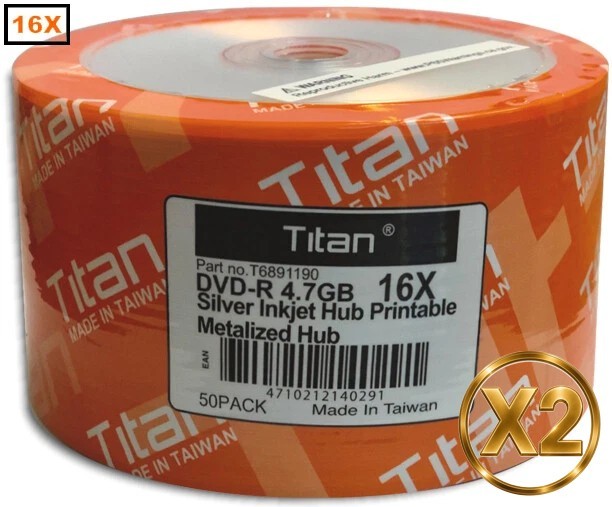 100-Pak TITAN 4.7GB 16X Silver Inkjet Hub DVD-R's  2 x 50-Pak