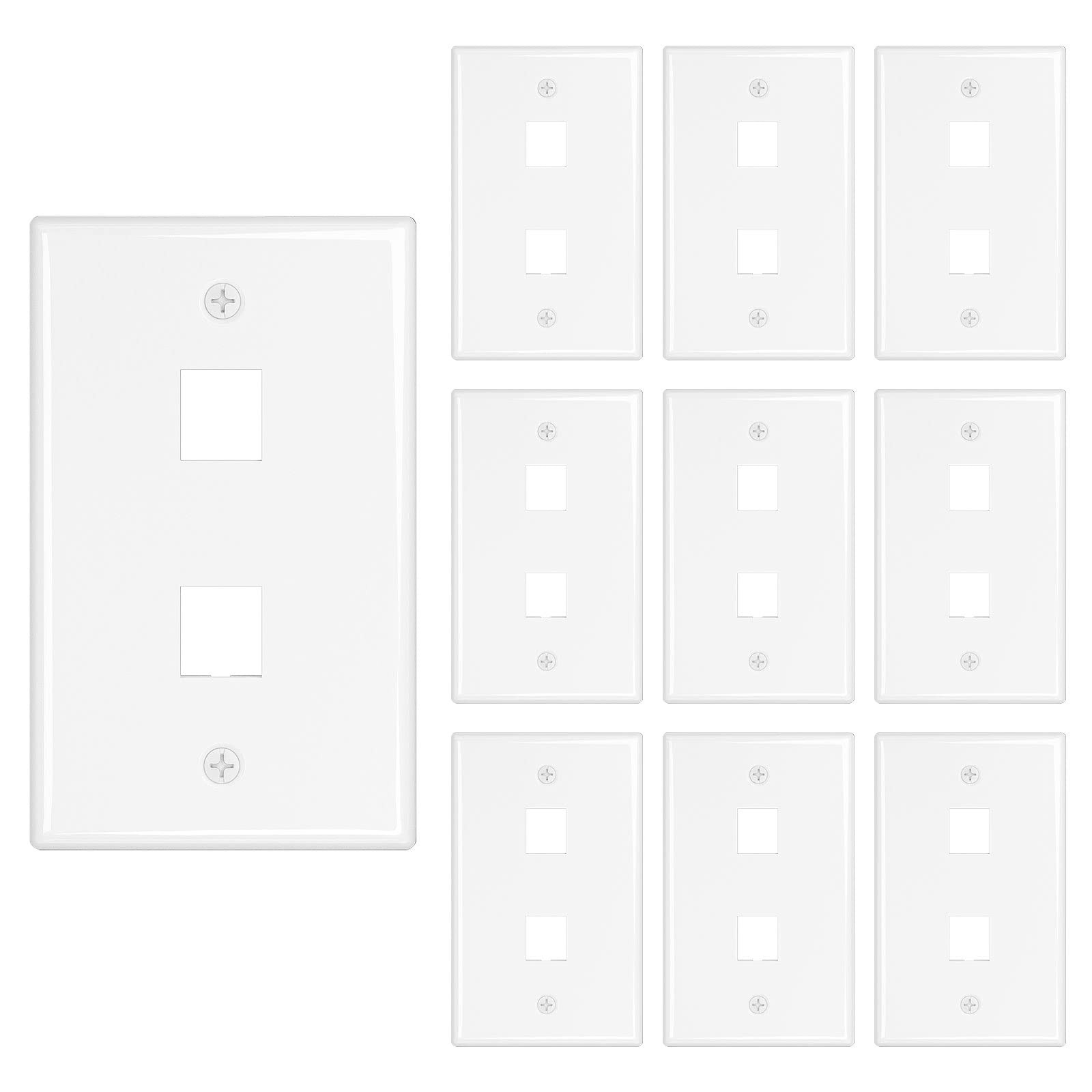 10 Pack 2 Port Keystone Jack Wall Plates Single Gang Ethernet White
