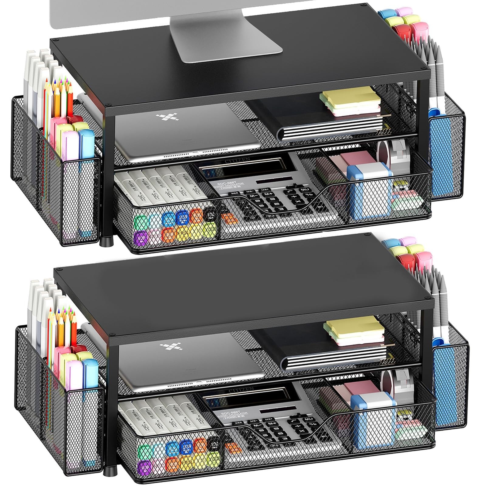 Black 2-Pack 2-Tier Monitor Stand Desk Organizer Drawer Pen Holders