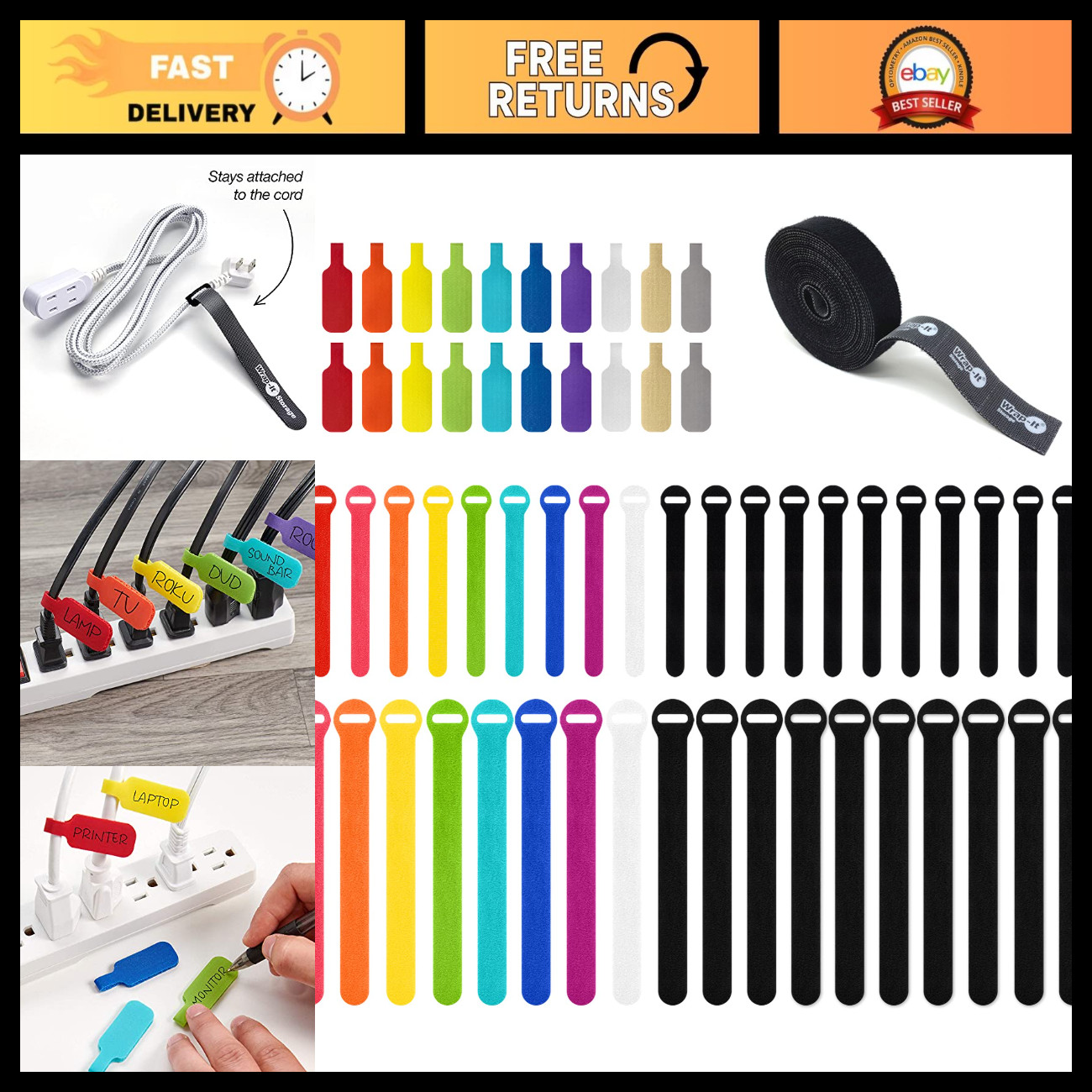 Cable Management Value Pack - 61 Pieces, Organize Cords & Wires, Tangle-Free Sol
