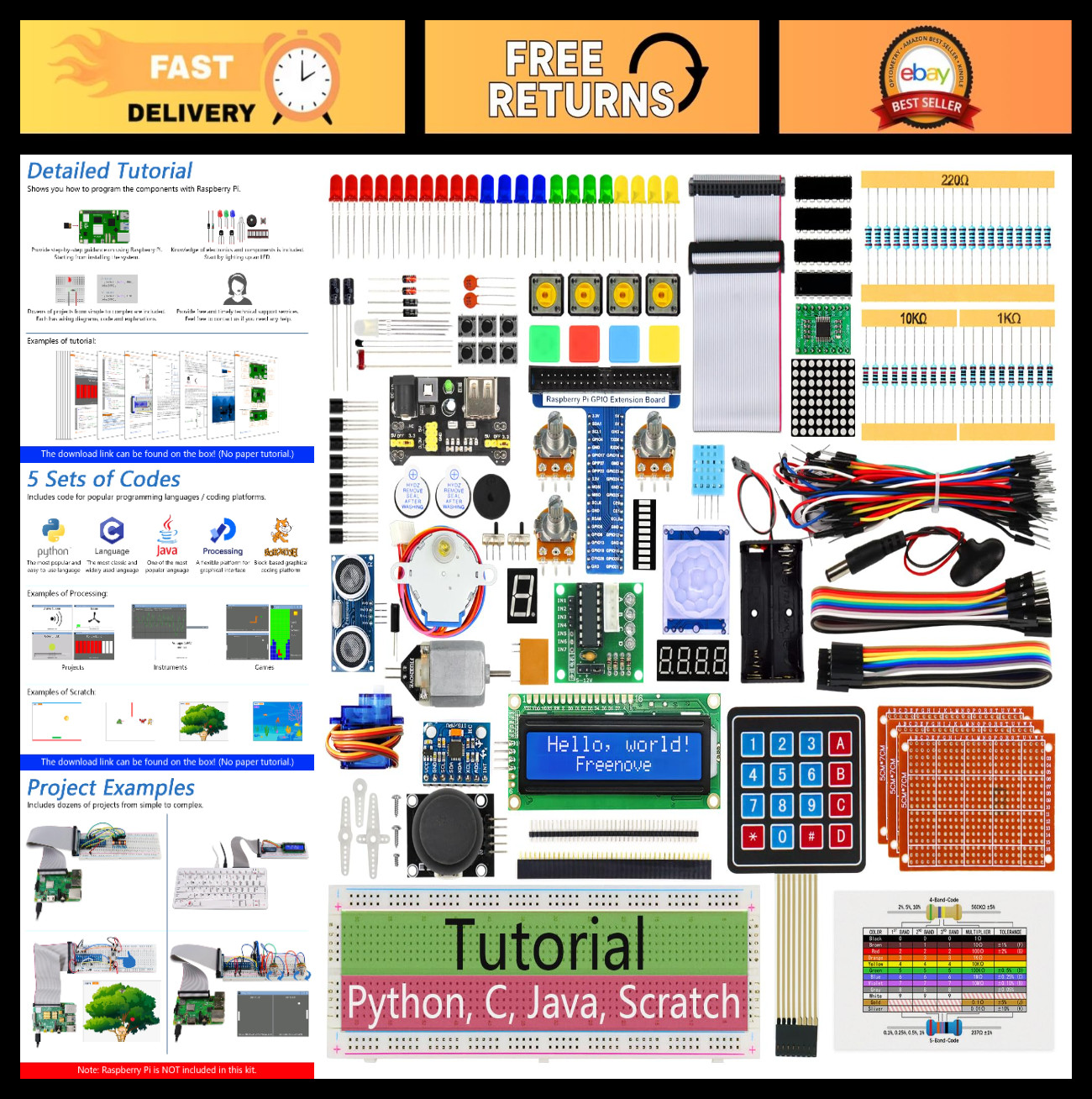 Ultimate Raspberry Pi Starter Kit - 223 Items, 128 Projects, 962-Page Guide, Pyt