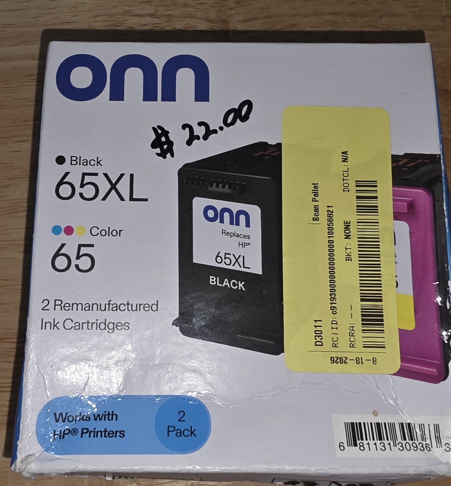 onn Ink for HP 65XL Black & 65 Tri-Color Inkjet Cartridges 2pk