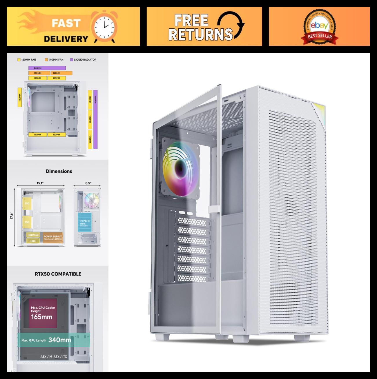 White Mid Tower ATX Gaming PC Case - Sleek Design, Excellent Cooling, Easy Build