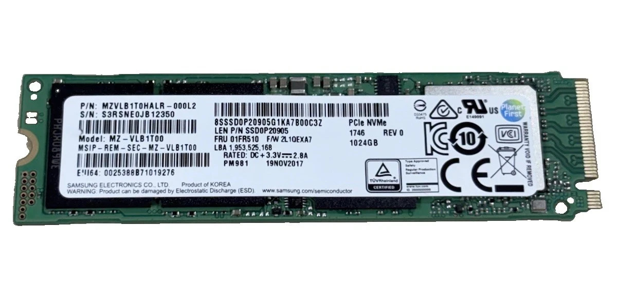 Samsung 1TB SSD PM981 M.2 2280 PCIe Gen3 NVMe SSD Solid State Drive MZ-VLB1T00