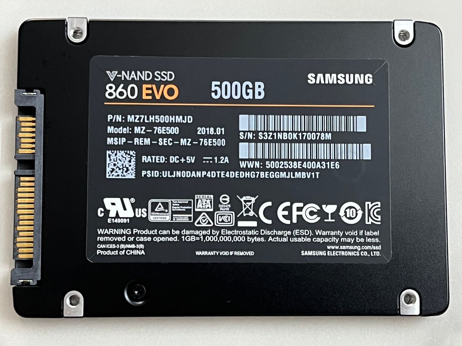 Samsung 860 Evo MZ-76E500 500GB  2.5" SATA III 6Gbps 3D V-NAND SSD MZ7LH500HALU