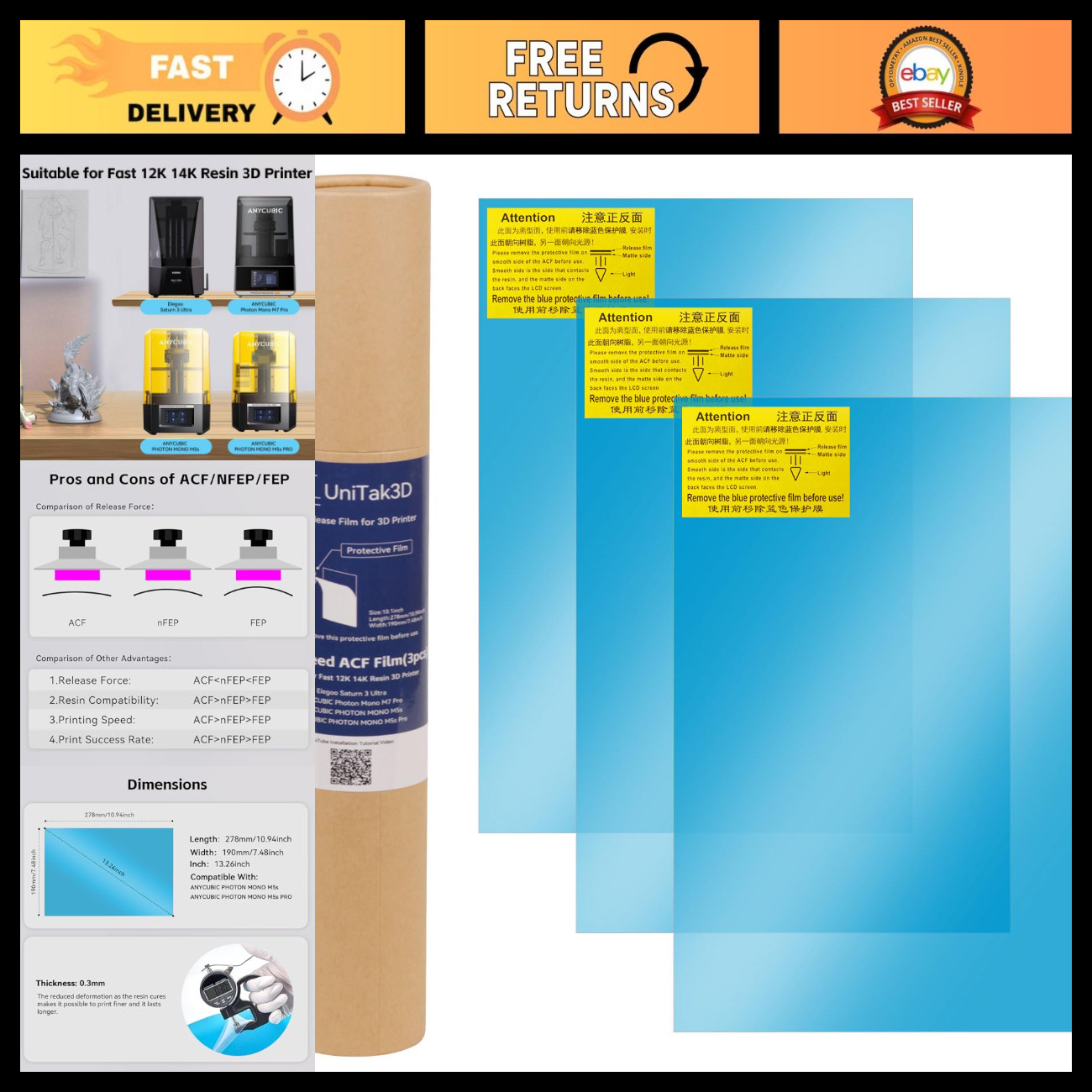 10.1 Inch Fast FEP Release Film 3Pcs for High Speed 3D Printing - Compatible wit