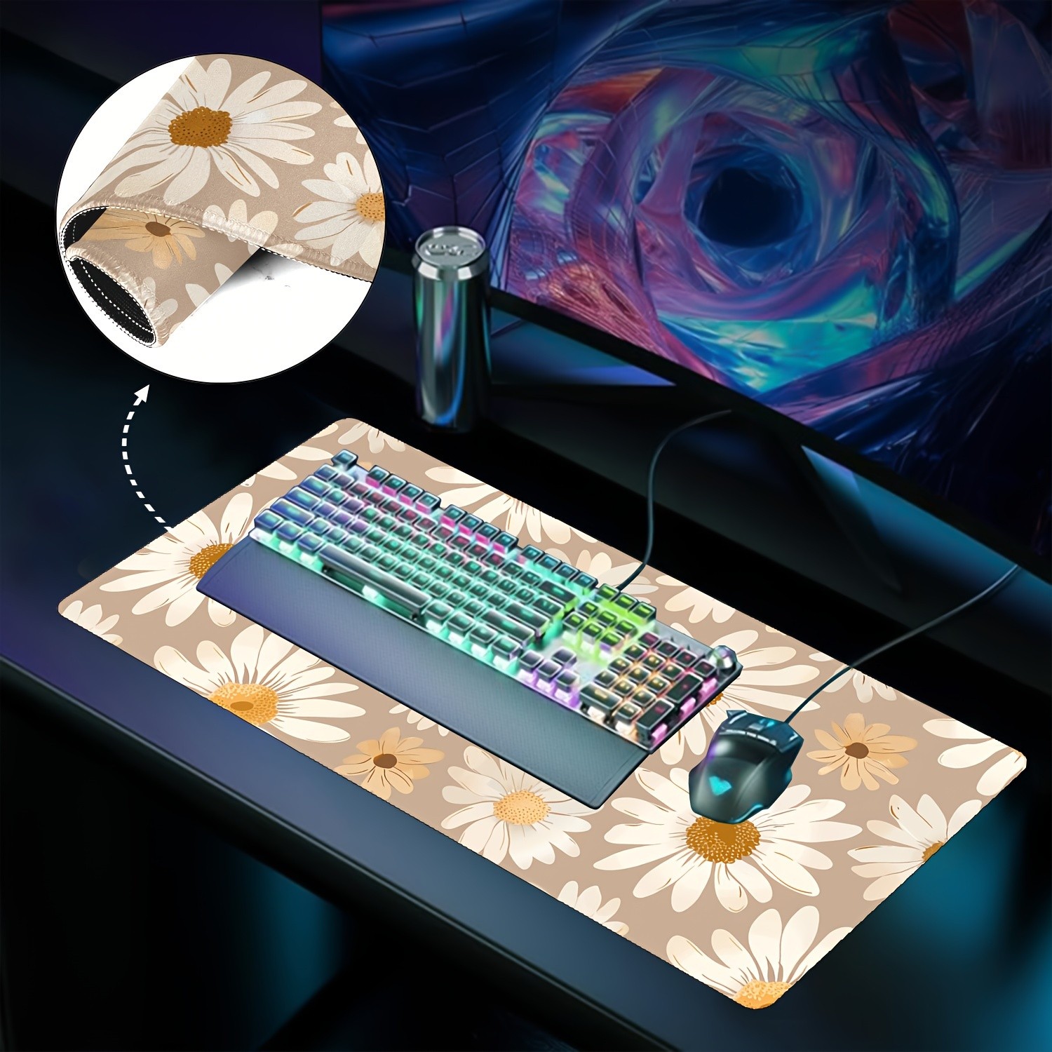 Floral Rubber Mouse Pad - Daisy Design, Large Waterproof Extended Desk Mat for
