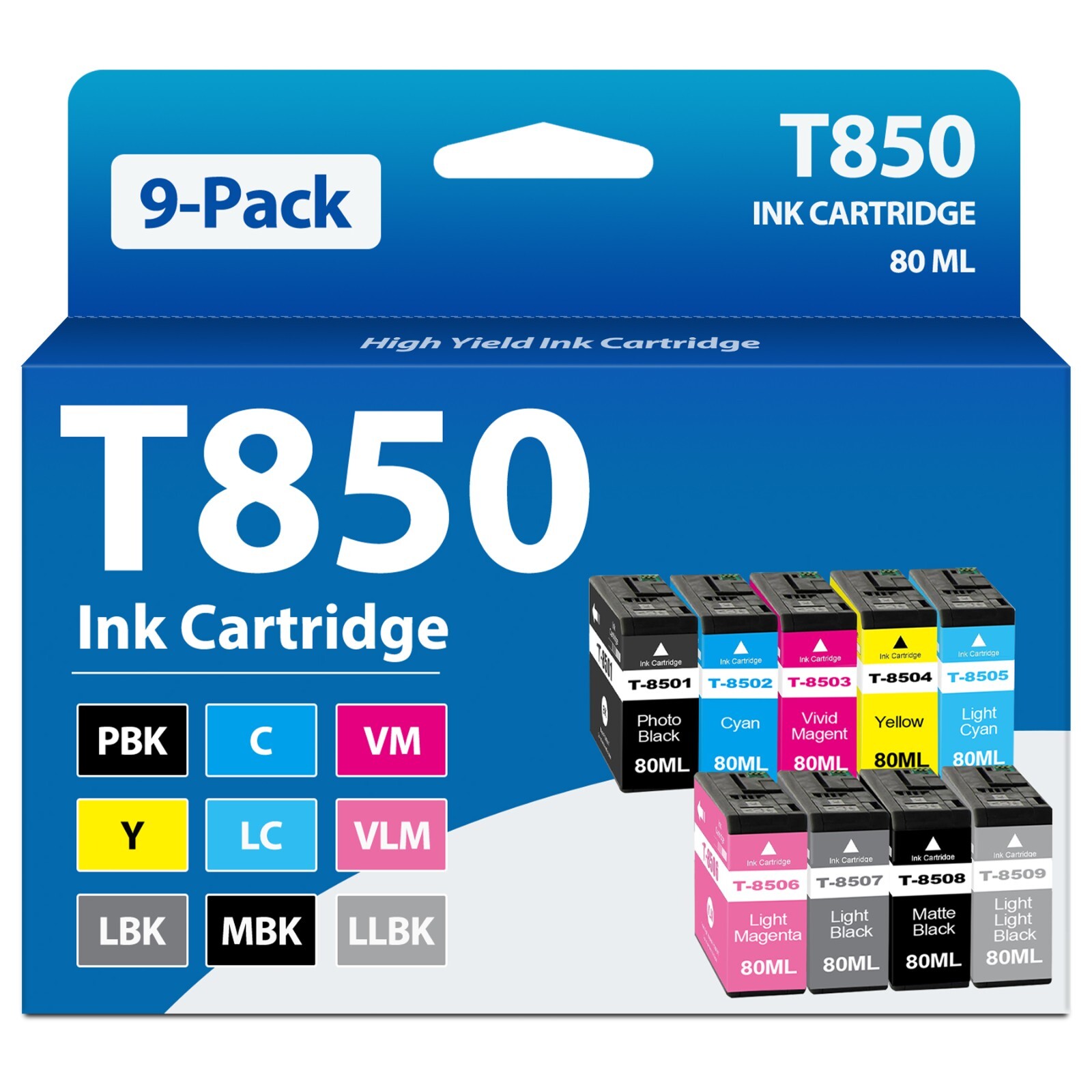 T850 Ink Cartridge (9-Pack, 80ML) for Epson SureColor P800 T8509 T8501 Printers