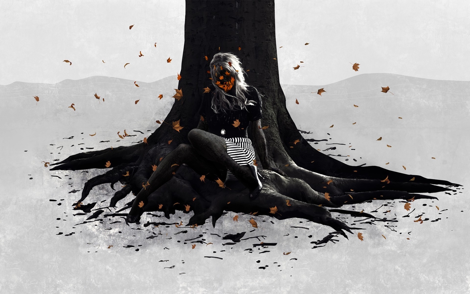 Landscape spooky fall halloween women trees plants art Custom Gaming Mat Desk