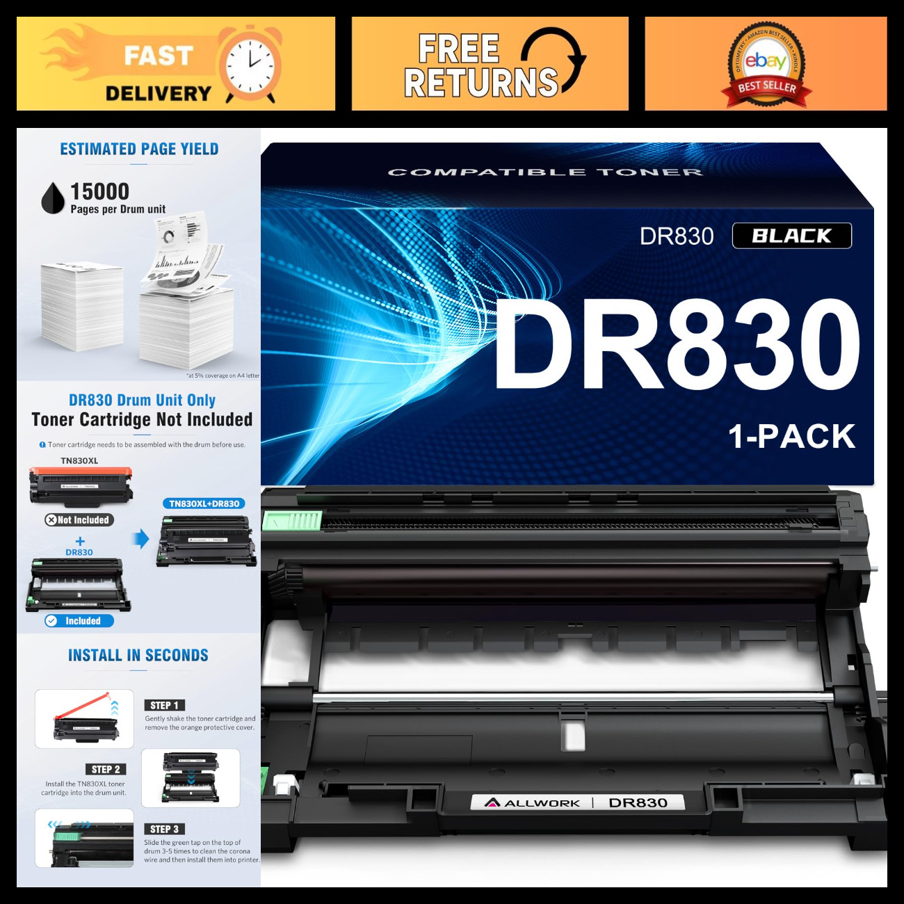 Compatible Drum Unit for Brother DR-830 Printer - 1-Pack, High Yield, Easy Insta