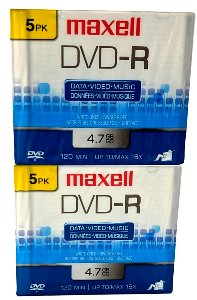 NEW (2) Maxell DVD-R 5 pack 4.7 GB Recordable Write Once DVD 120 minutes